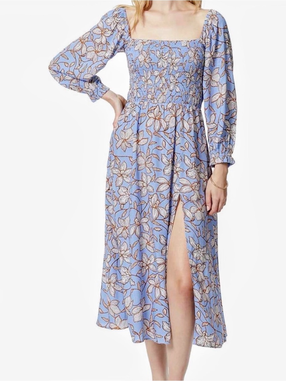 Jessica Simpson Smocked Square-Neck Floral Midi Dress in Light Blue
